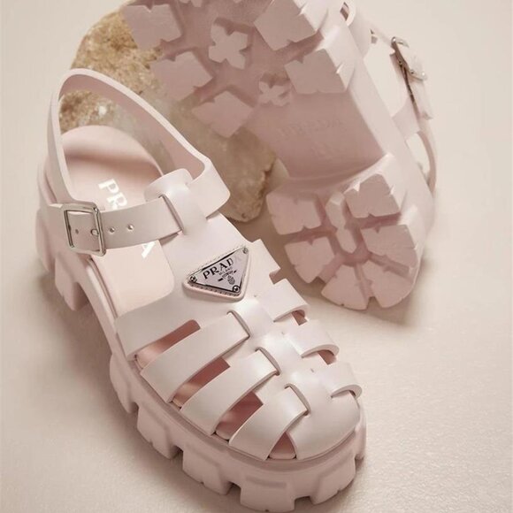PRADA Monolith Triangular Logo Rubber Fisherman Flat Sandals Shoes Pink - Picture 1 of 16